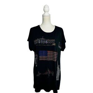 Ameri Mode Womens T-Shirt Black Red Patriotic Rhinestone Scoop Neck S/M New